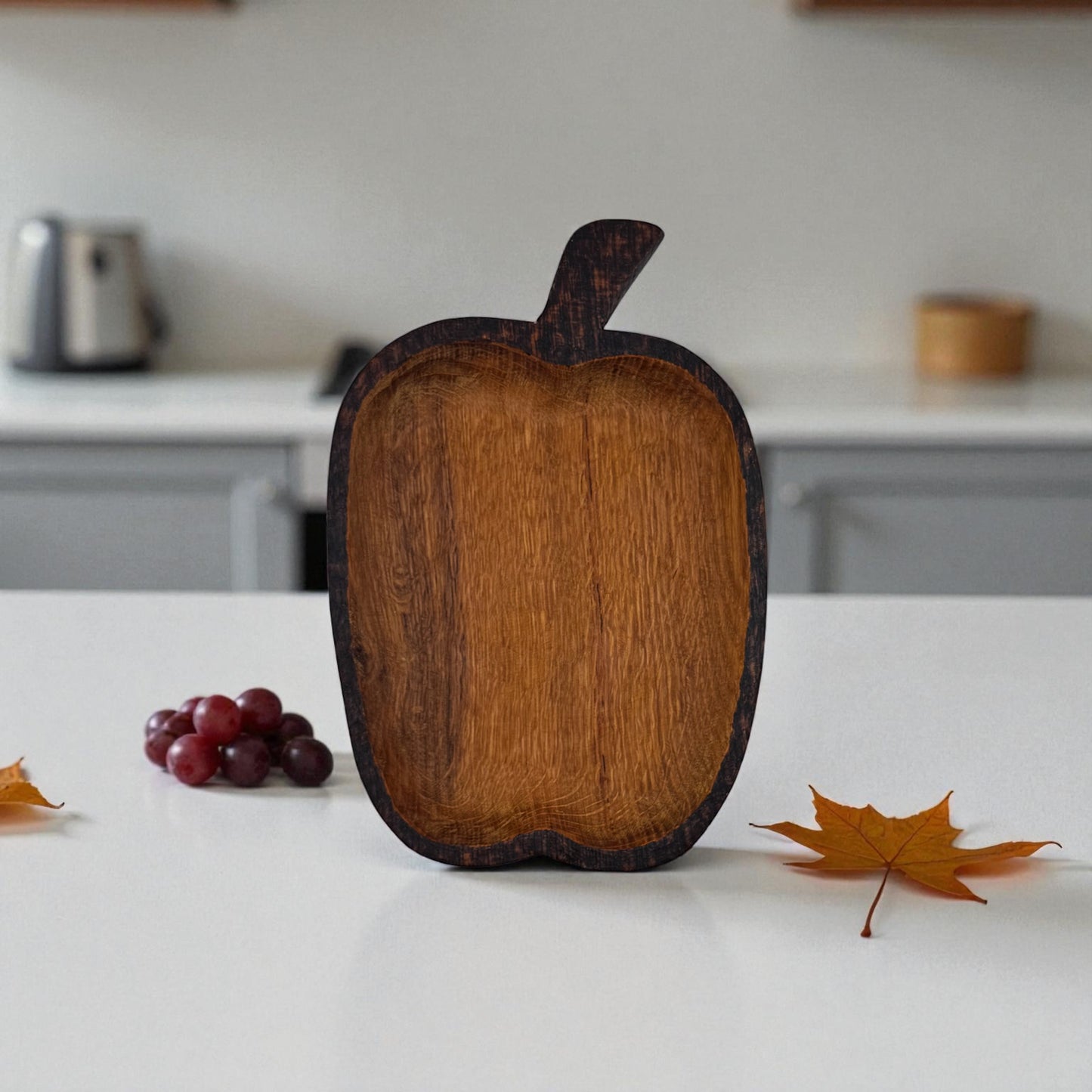 Wooden Apple-shape Platter, pyrography accent