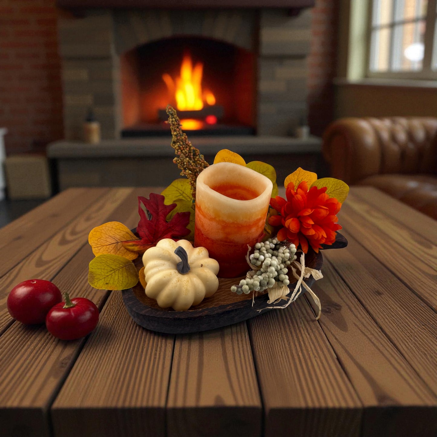 Wooden Apple-shape Platter, pyrography accent